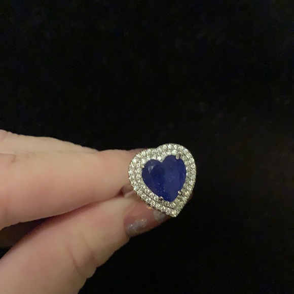 S925 STAMPED Royal Paved Heart & Resin Blue Heart Sterling Silver ring size 5.5 - Picture 5 of 14